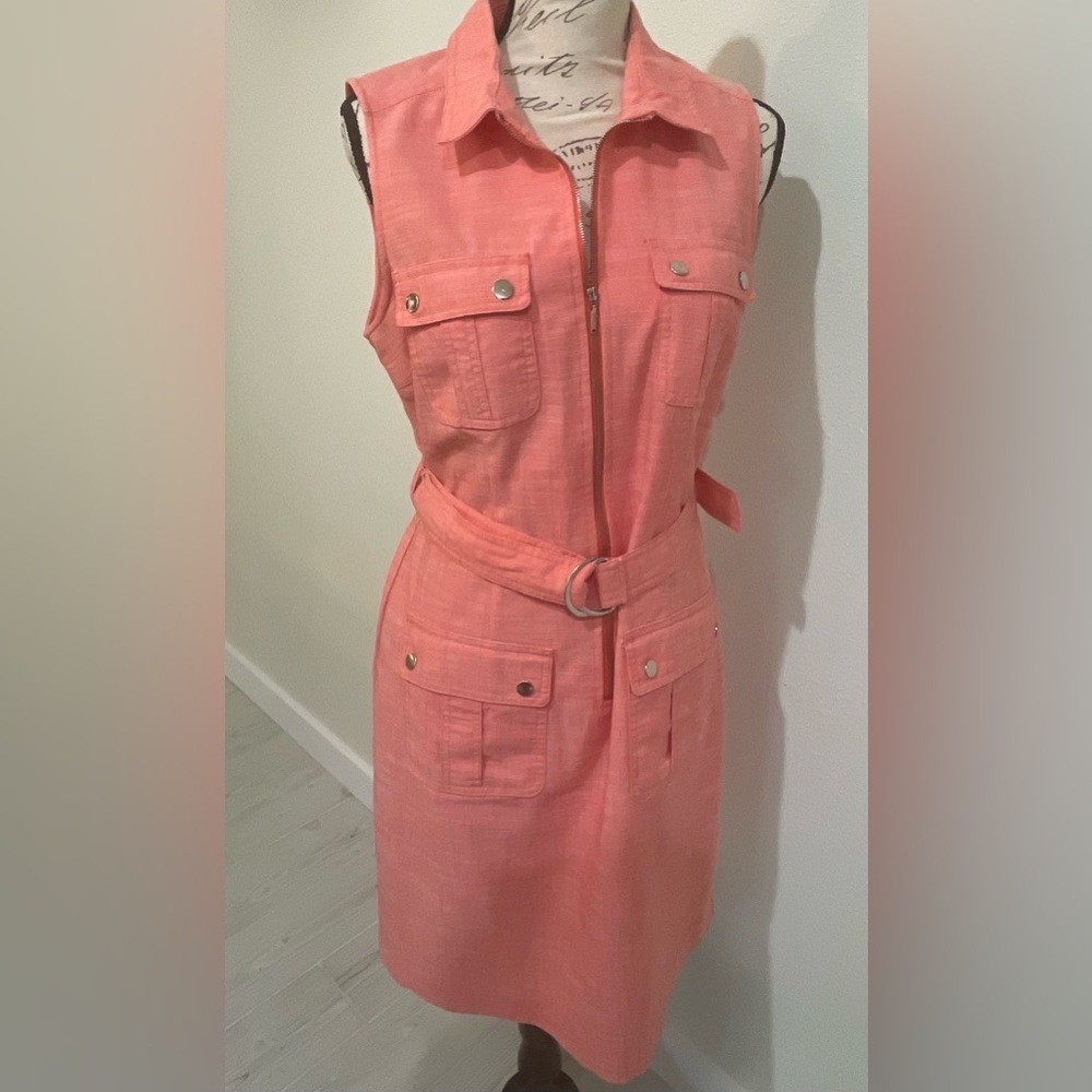 ⭐️ Sharagano Women coral Zipper Front Sheath Dress Belted SZ 10 EUC 🥰